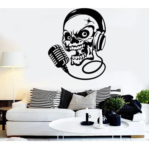 Skeleton Skull Wall Decal Headphones Music Microphone Sing Vinyl Window Stickers Cool Style Bedroom Man Cave Interior Mural M268