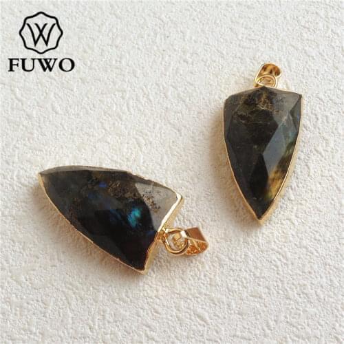 FUWO Natural Triangle Crystal Labradorite Pendant With 24K Gold Color Plated Edge Moonstone Divination Spiritual Jewelry PD169