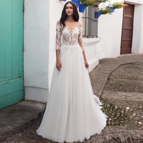New Illusion Neckline Long Sleeve Wedding Dresses Lace Appliques A-Line Tulle Bridal Dress Zipper Back Custom Made Gown
