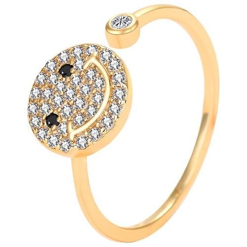 Smile Face Stacking Rings Plated Gold and Rhodium Open Adjustable Size for Girls, Friends Gift Pave Setting Stones
