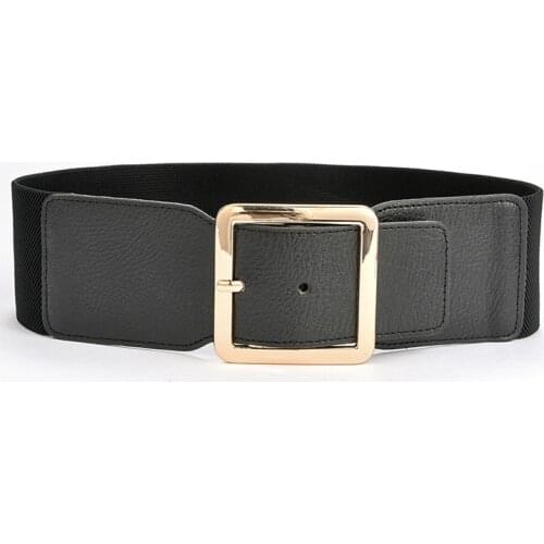 New Elastic Pu Leather Designer Wide Corset Strap Belts for Women Girl Gold Silver Waist Cummerbund Metal Square Buckle Bands
