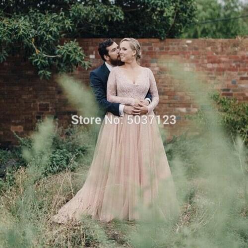 Blush Pink Beach Wedding Dresses Plus Size V Neck Vestido De Noiva Long Sleeves Sequins Zipper Tulle Bridal Gown Robe De Mariée