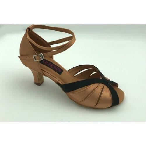 Comfortable and fashional ballroom salsa latin dance shoes dark tan satin tango & party shoes for women 6223TB