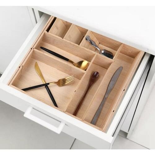 Drawer Organizer Kitchen Storage Box Tray Holder Wooden Trays Expandable 11 Compartments Cutlery Drawer For Kitchen Storage Rack