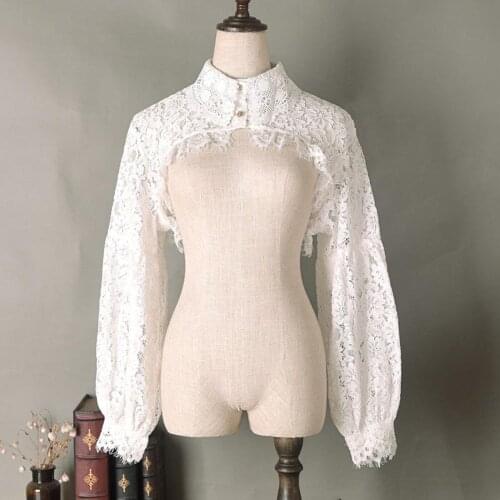 Ladies False Turn-down Collar Lace Half Shirt Detachable False Faux Collar Cotton Choker Tie Puff Long Sleeves Blouse