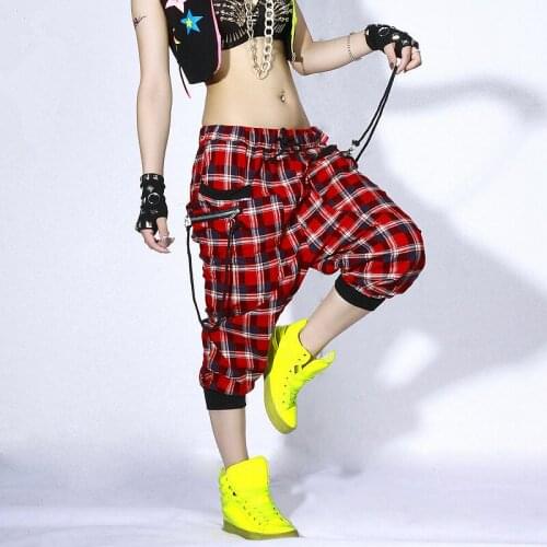 Adult Women dance wear Trousers patchwork ds costume street dance spring summer female plaid harem Hip hop pants outfits