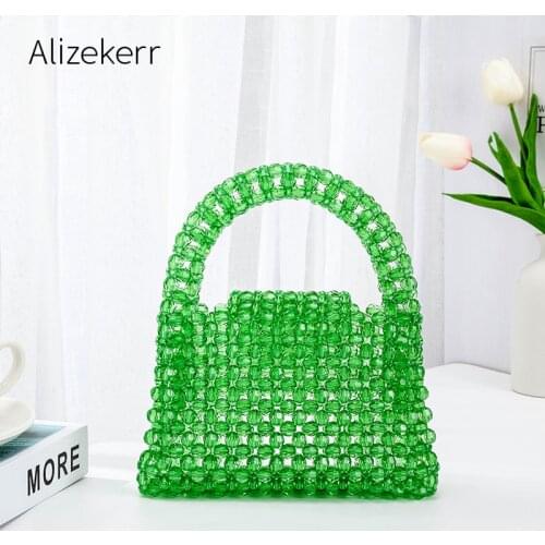 Clear Crystal Beaded Handbag Women 2021 Summer Handmade Top Handle Green Beads Small Purse Ladies Hollow Out Beach Bag Holiday