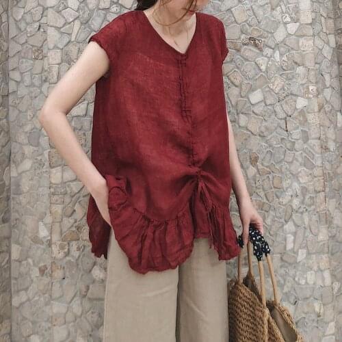 2020 summer new womens large cotton and linen art linen medium long short sleeve loose shirt