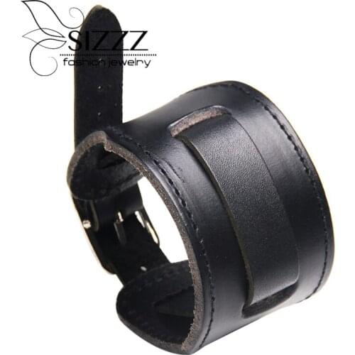 SIZZZ 29.3CM*4CM Cowhide classic European and American big punk style Bracelets&Bangles For Women/men