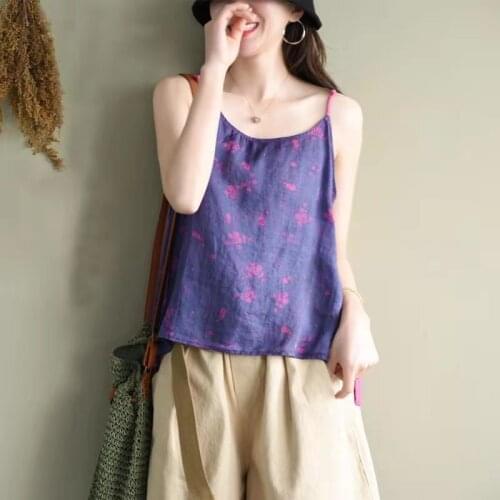 2021 New Arrival Summer Arts Style Women Spaghetti Strap Tank Top Vintga Print Camis Femme Cotton Linen O-neck Tops W223
