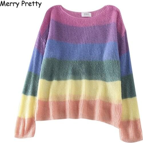 Merry Pretty Women Rainbow striped Sweater women Long Sleeve O-Neck Knitted Pullovers Femme Colorful Harajuku Sweaters Girls