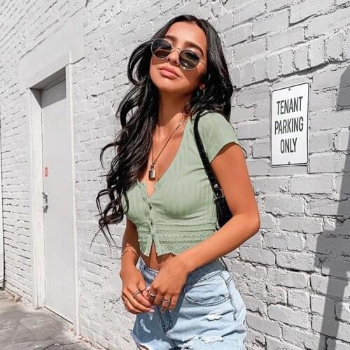 New Arrival Button Sexy Crop Top Women Ribbed Knit Korean Style Short Sleeve 2020 Fashion Casual Green Summer Tops Women Clothes