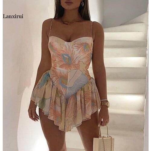 Women Spaghetti Strap Blooming Floral Print Ruffles Irregular Dress Mini Dress Elegant Fashion Chic Dress