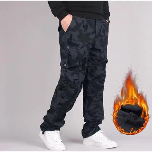 Mens Winter Thicken Fleece Cargo Pants Double Layer Straight Pants Men Casual Cotton Military Tactical Baggy Pant Warm Trousers