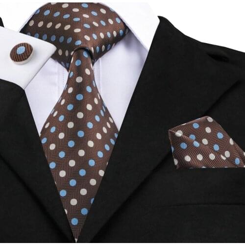 2017 Fashion Brown Dot Tie Hanky Cufflinks 100% Silk Neckties Ties For Men Formal Business Wedding Party C-911