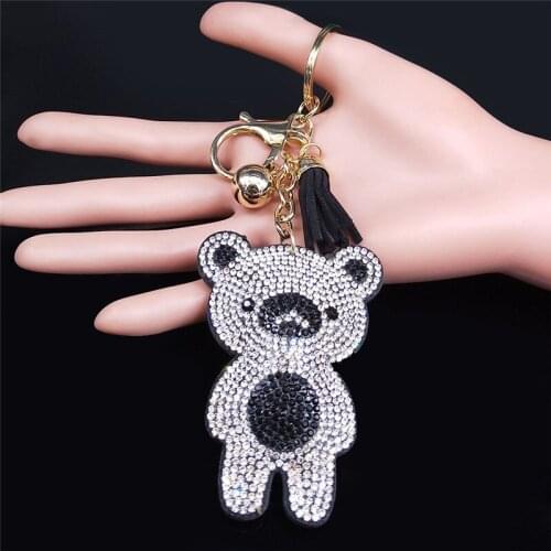 2021 Fashion Cut Bear Crystal Tassel Key Chains for Women Black White Silver Color Bag Bag Accessories llavero mujer KXS01