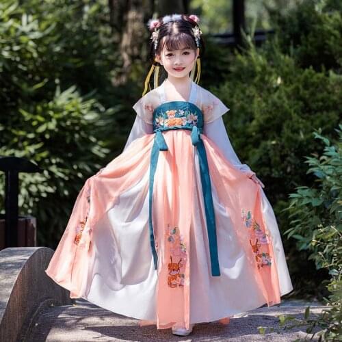 Girl Kids Floral Embroidery Hanfu Chinese Traditional Folk Costume Children Han Dynasty Princess Fairy Dance Dress Cosplay Cloth