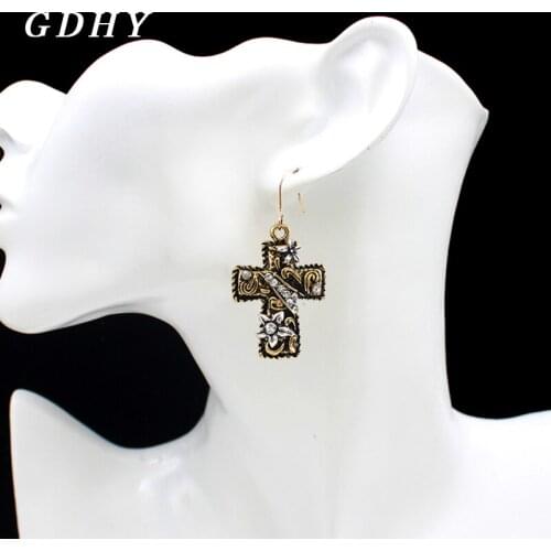 GDHY Bohemian Cross Drop Earrings Carved Patter Vintage Cross Large Long Dangle Earrings For Women Charm Jewelry