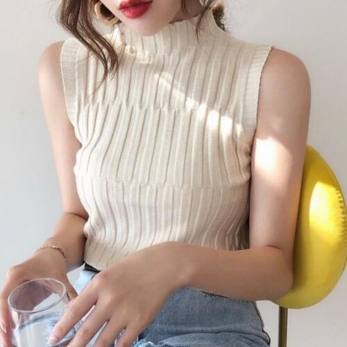 Heliar Vintage T Shirt Women Off Shoulder Sleeveless Top Tank Knitted Half Turtleneck Slim Female Tops Women Tees