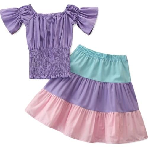New Kids Girls Holiday Clothes Sets Off Shoulder Ruffles Short Sleeve Tops Rainbow Striped Skirts Set