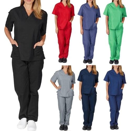 Solid Color Women Medical Scrubs Set Beauty Salon Pet Clinic Medical Doctor Nurse Uniforms Two Piece Suit Pocket V Neck Workwear