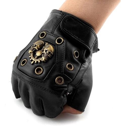 Skull Leather Gloves Mens Fingerless Hip Hop Biker Motocycle