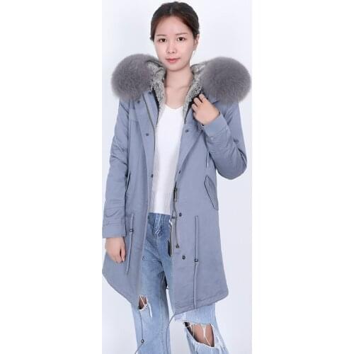 Maomaokong Winter womens coat, real rabbit fur lining, fox fur collar, long gray womens parka coat, winter outdoor coat
