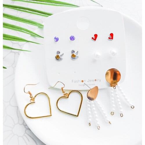 Fashion Womens Gold Metal Heart Pendant Earrings Set New Handmade Pearl Tassel Drop Earrings Geometric Crystal Stud Earrings