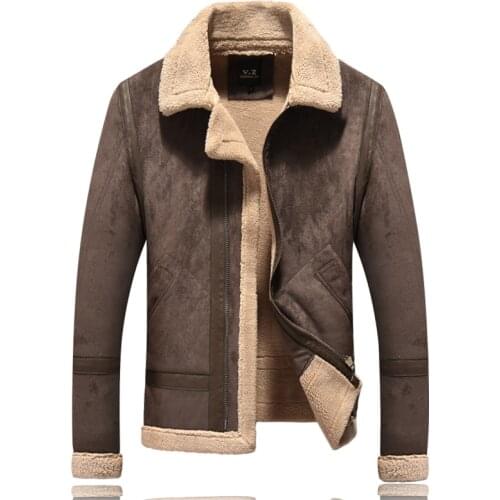 Mens autumn and winter thick warm brown leather jacket 2021 new mens fashion PU leather lapel locomotive lamb slim-fit coats