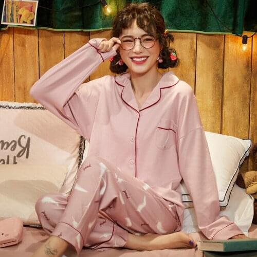 Brand New Spring Autumn Pink Pajamas Set for Women Cotton Long-Sleeved Trousers Suit Ladies Home Service Simple Style Sleepwear