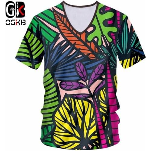 OGKB V Neck T Shirt For Men Cool Pirnt Funk Colorful Leaf 3d T-shirt Bodybuilding Sporty Undershirts Short Sleeve Harajuku Punk