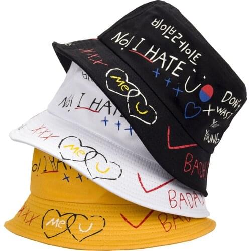 Unisex Bucket Hat Harajuku Graffiti Letter Hip Hop Cap Women Men Fishing Fisherman Hat Summer Outdoor Sunscreen Panama Cap