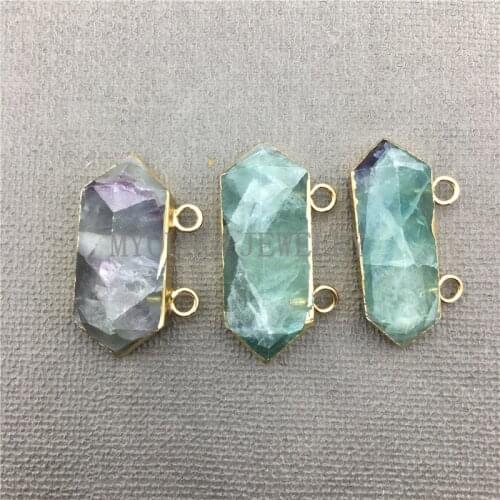 MY0619 Purple Green Fluorite Pillar Point Connector With Double Gold Color Bail,Flat Fluorspar Druzy Slice Stone Charm Pendant