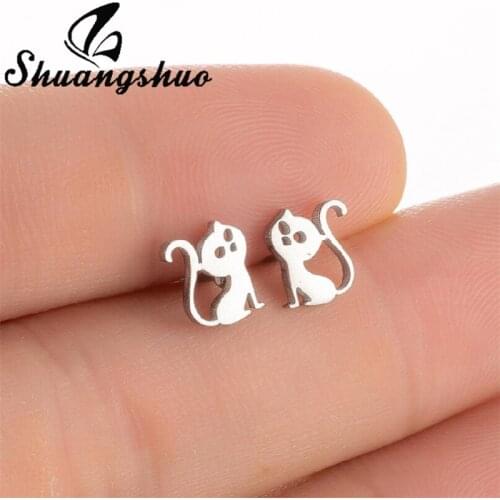 Shuangshuo Small Cartoon Animal Earrings for Women Fashion Stainless Steel Steel Lovely Cat Earring Kitty Jewelry Children Studs
