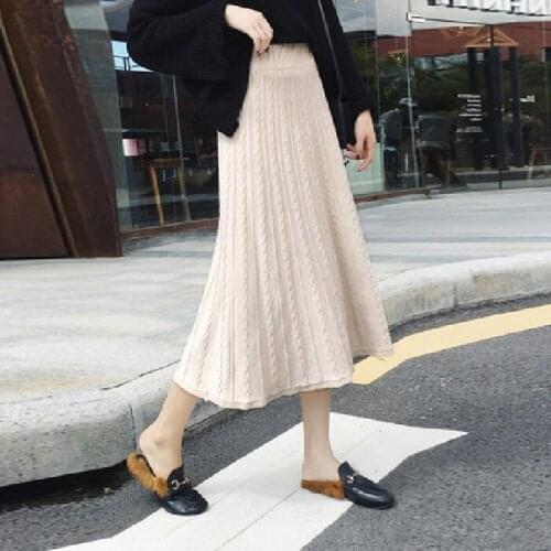 Vintage Winter Women thick knitted sweater skirt Elastic High Waist Pleated Midi long A-line solid elegant Skirts Ankle-Length