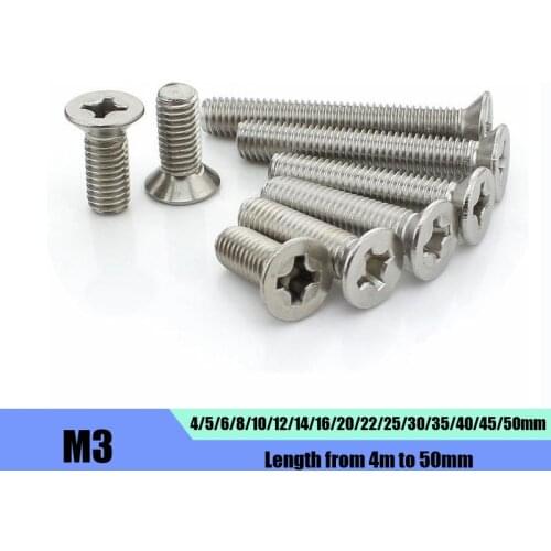 DasHex 50PCS M3 Length 4mm-50mm Flat Head Countersunk Head Screws 304 Stainless Steel
