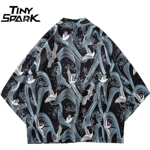 Japanese Style Kimono Jacket Crane Print 2020 Summer Men Harajuku Streetwear Jacket Coat Casual Thin Gown Loose Sweat Wear Japan