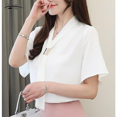 Korean Chiffon Womans Blouse Short-Sleeved Solid Elegant Womens Tops and Blouses Blusas Mujer De Moda 2021 White Shirt 8908 50