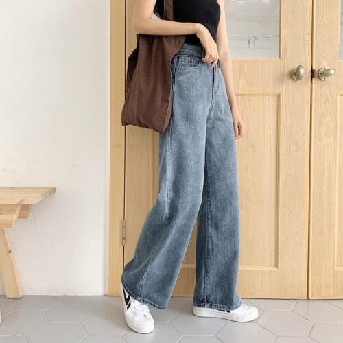 Womens High Waist Jeans Trousers Wide Leg Pants Solid Color Casual Loose Vintage Straight Denim Pants