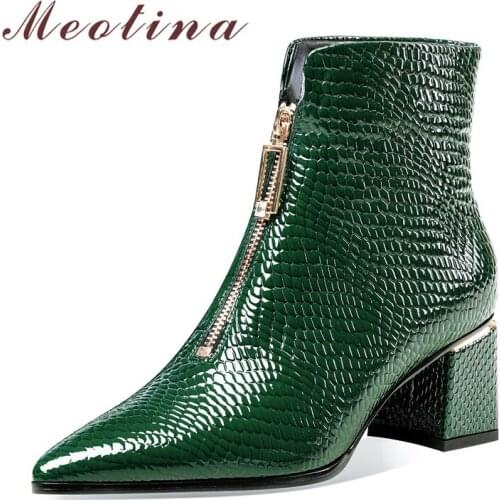 Meotina Short Boots Women Shoes Real Leather High Heel Fashion Boots Pointed Toe Zip Thick Heels Ankle Boots Ladies Winter 33-41