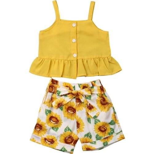 1-6 Years Girls Clothes Set Solid Yellow Button Sling Girls Chrysanthemum Floral Print Long Pants Girls Suits Child Toddler Set