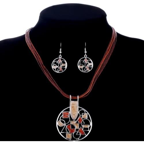 Colorful Multi Layer Leather Rope Chain Hollow Round Gem Pendant Necklace Drop Earrings For Women Summer Wedding Jewelry Set