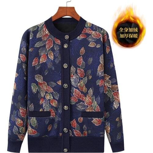 Middle-aged and Elderly Womens Sweaters Printed Knitted Sweater Cardigan Autumn Winter Plus Size 5XL Plus Fleece Jacket Tops