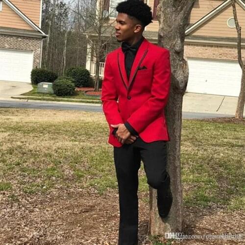 Charming Shining Evening Party Suits Two Pieces (Red Blazer+Black Pants) Wedding Tuxedos With Peaked Lapel Groomsmen Suits
