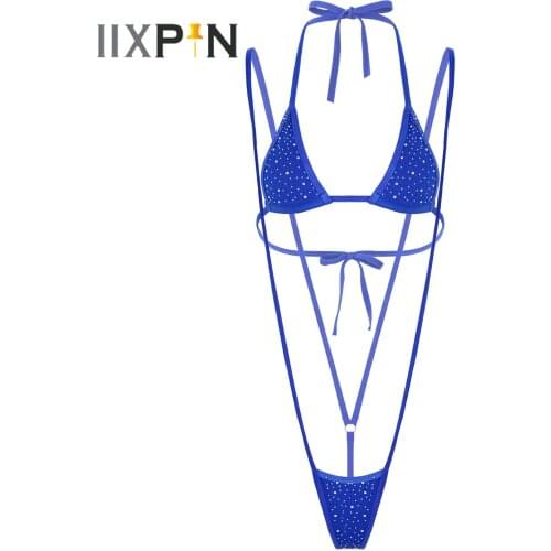 Womens Sexy Lingerie Bikini Set Glitter Rhinestone Sexy Bikini Swimwear Halter Neck Bra with G-string Lace-up Sunbathing Clothes