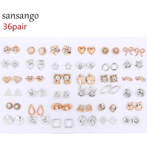 36Pairs/lot Fashion Mixed Styles Crystal Bow Sun Flower Animals Plastic Stud Earrings For Women Jewelry Wholesale