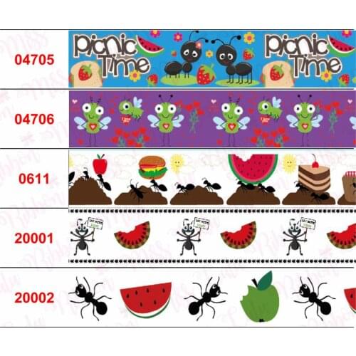 16mm-75mm Cartoon Ant Summer Watermelon Apple Printed Grosgrain/Elastic Ribbon DIY Hair Bands Party Decor 50yards/roll