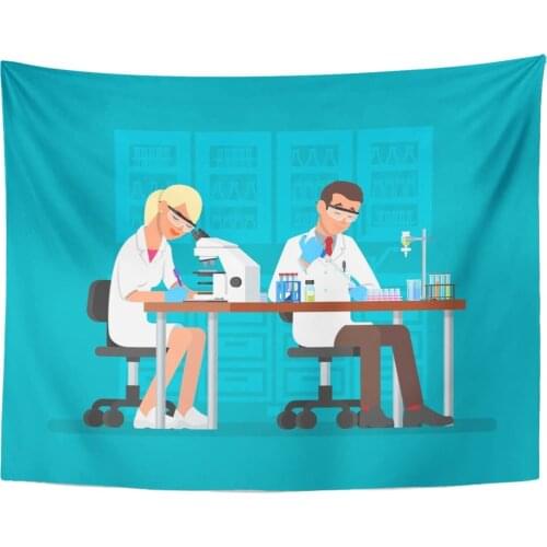 Tapestry Scientists Man and Woman Working at Science Lab Laboratory Interior Equipment Glassware Scientific Tapestries Wall Hang