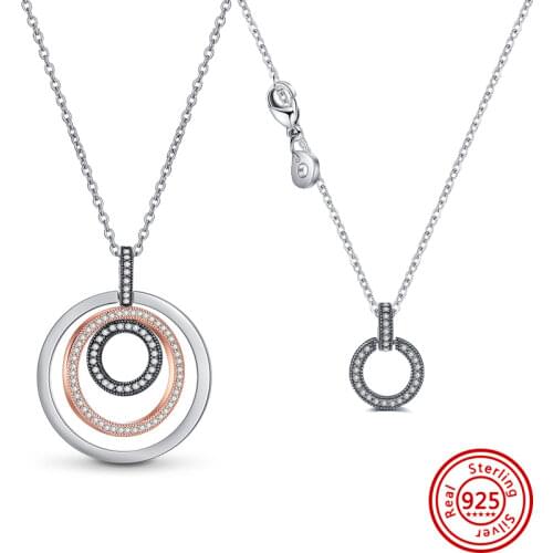Authentic 925 Sterling Silver Pave Circle Collier Necklace For Women DIY Jewelry Two-tone Circles Double ring Pendant Gift