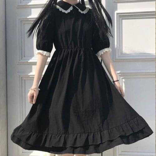 Summer Lolita Style Dress Japanese Short Sleeve Mori Girl Black Woman Dress Sweet Peter Pan Collar Kawaii Lace Ruffle Dress Robe